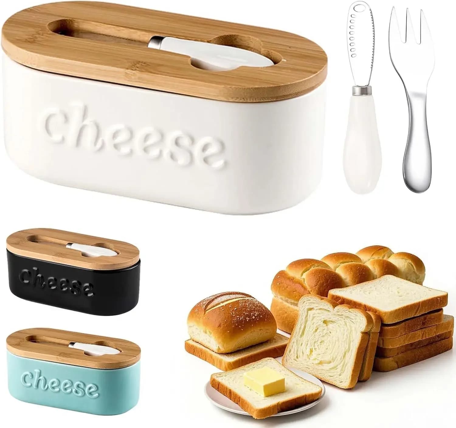 Butter Dish with Lid, Large Butter Dish for Countertop, Ceramic Butter Holder for Counter with Knife for Easy Cutting, Silicone seals for better freshness, for kitchen (White, elliptical)