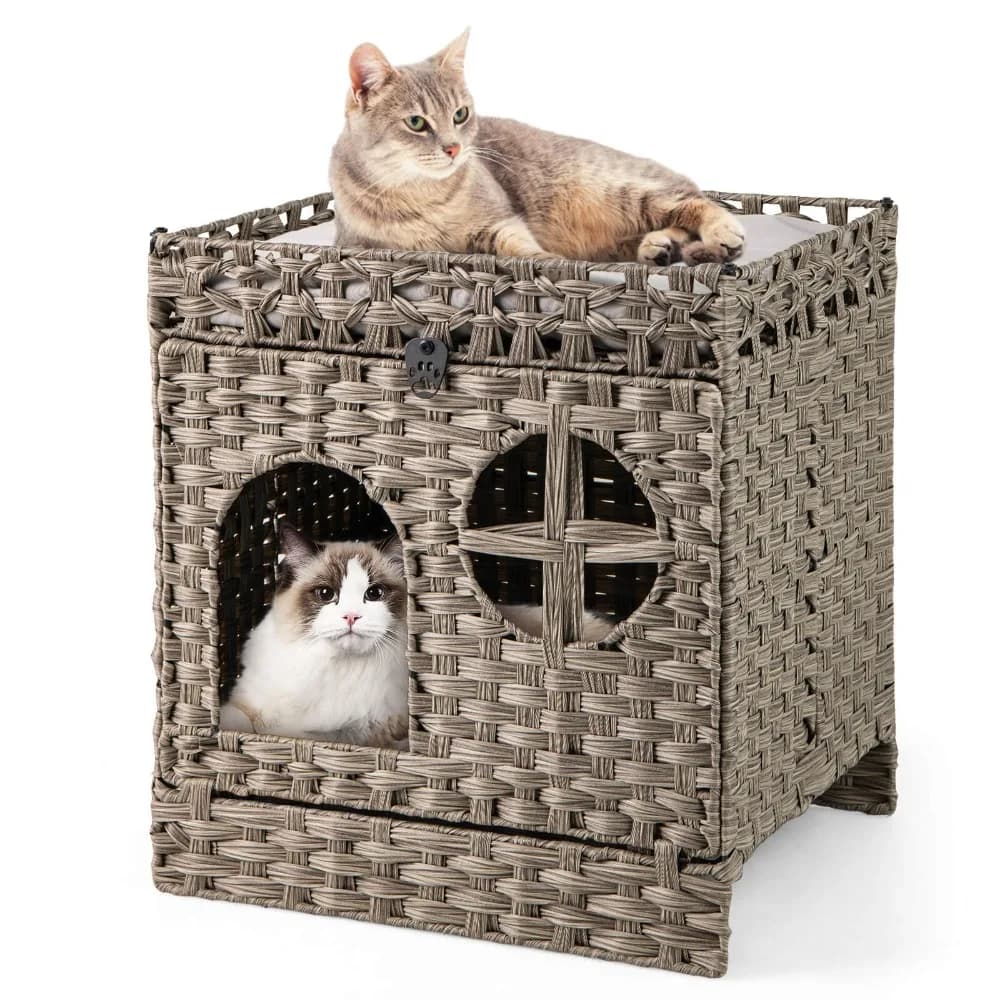 Custodia pieghevole per lettiera per gatti in rattan a 2 livelli con tappetino per lettiera per interni