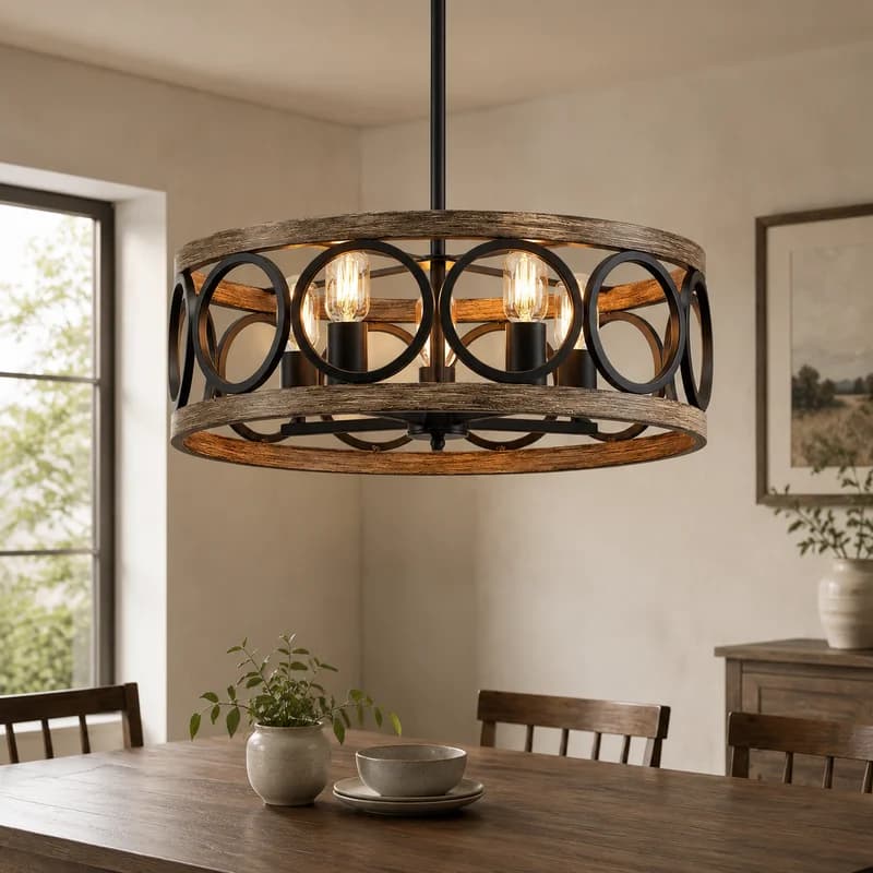 Retro Industrial Farmhouse Iron Round Drum Ring Fixture For Dining Room Living Room Bedroom Restaurant Vintage Home Chandelier