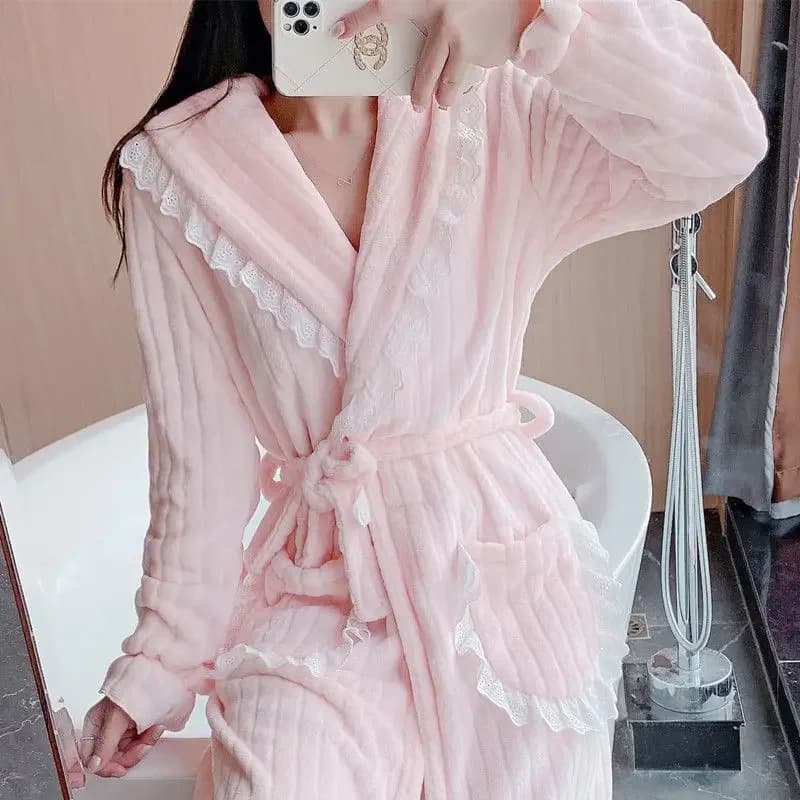 Abito in pizzo per donna Cintura Indumenti da notte Camicia da notte Inverno Notte Indossa pigiama Camicia da notte solida Manica lunga Pile caldo Homewear