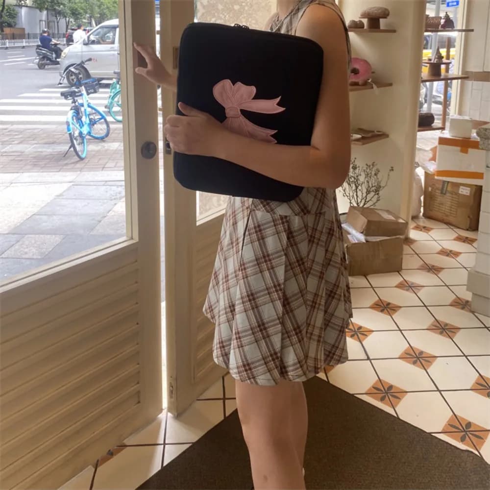 Borsa per Tablet con Fiocco Rosa, Custodia per Laptop Ricamata da 11/13/15 Pollici, Borsa Anticaduta Nera per Computer, Borsa per la Scuola