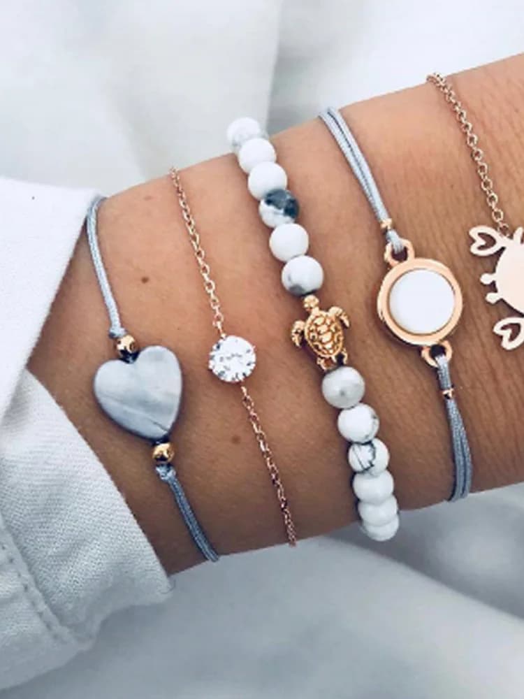 Set di Cinque Bracciali con Cuore di Granchio e Turchese, Gioielli di Moda Unici in Lega di Rame Dorato
