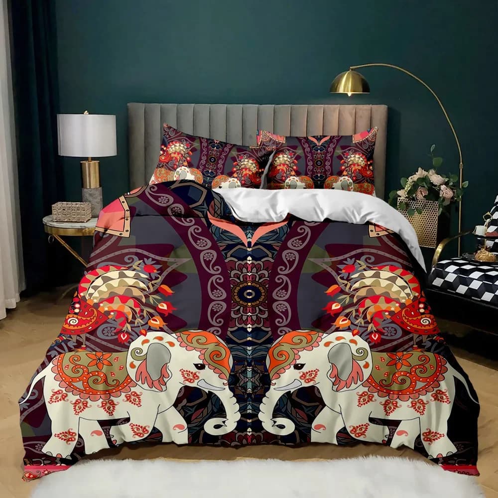 Elephant Duvet Cover Set Queen/King/Full Size Bohemian Style Woman Exotic Animal Floral Comforter Cover Polyester Bedding Set