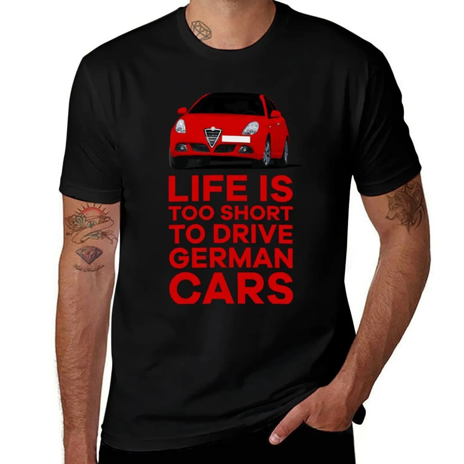 Red - Life is too short to drive German cars - Giulietta T-Shirt Simple Solid Color Crew Neck Tee