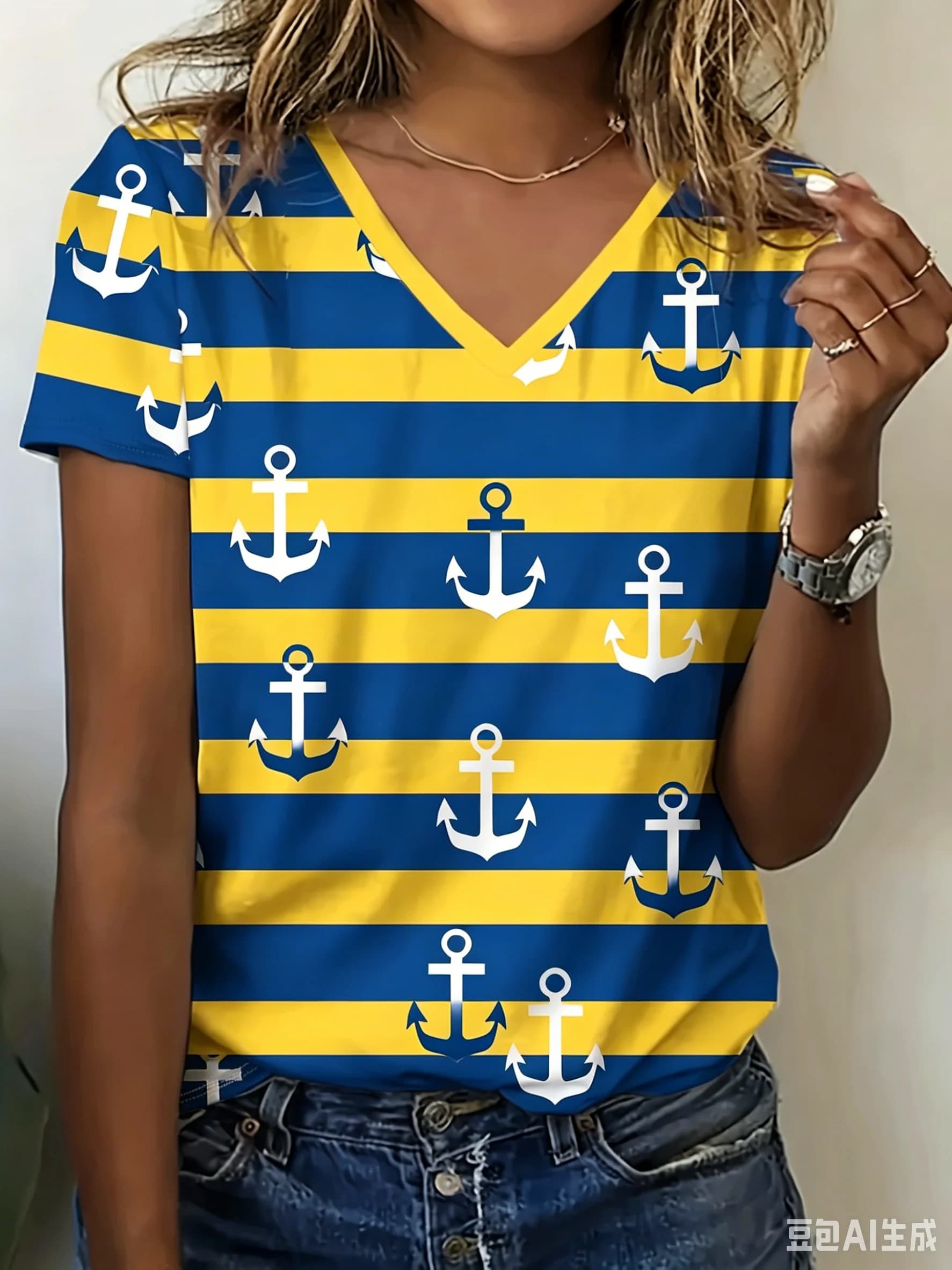Fashionable, Simple and Casual Geometric Splicing Leisure Boat Anchor Graphic Breathable V-neck Short Sleeved Women's T-shirt