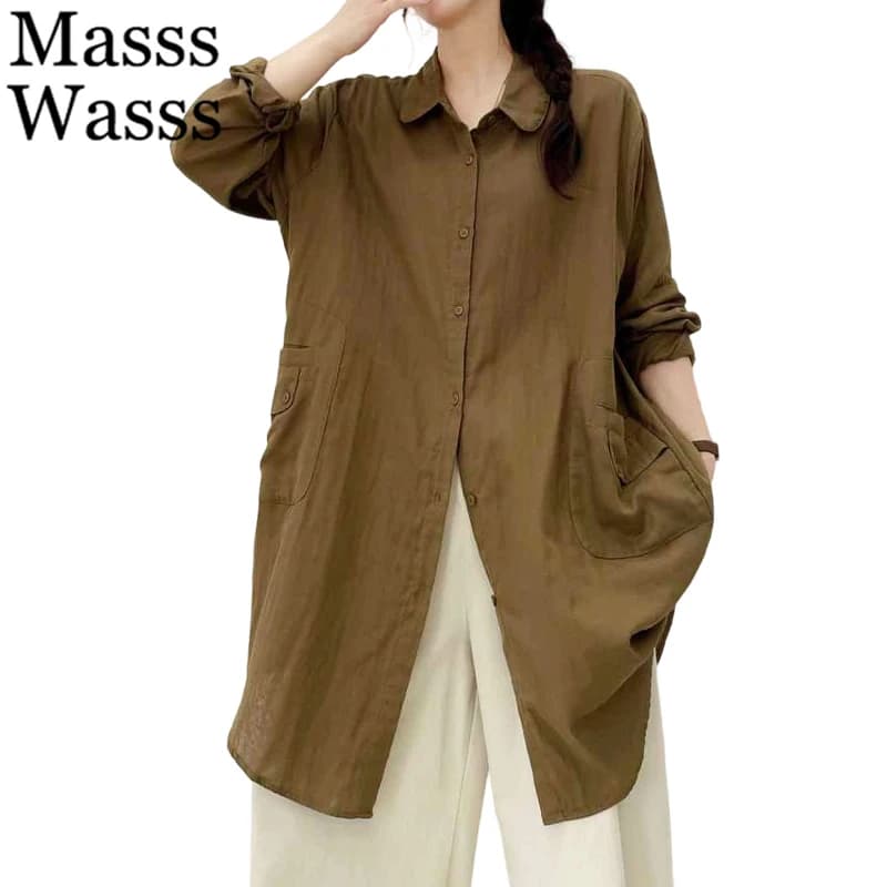 Masss Wasss 2026 Japanese Design Loose Long Tops Women Classic Soild Elegant Shirts Ladies Spring Vintage Fashion Causal Blouses