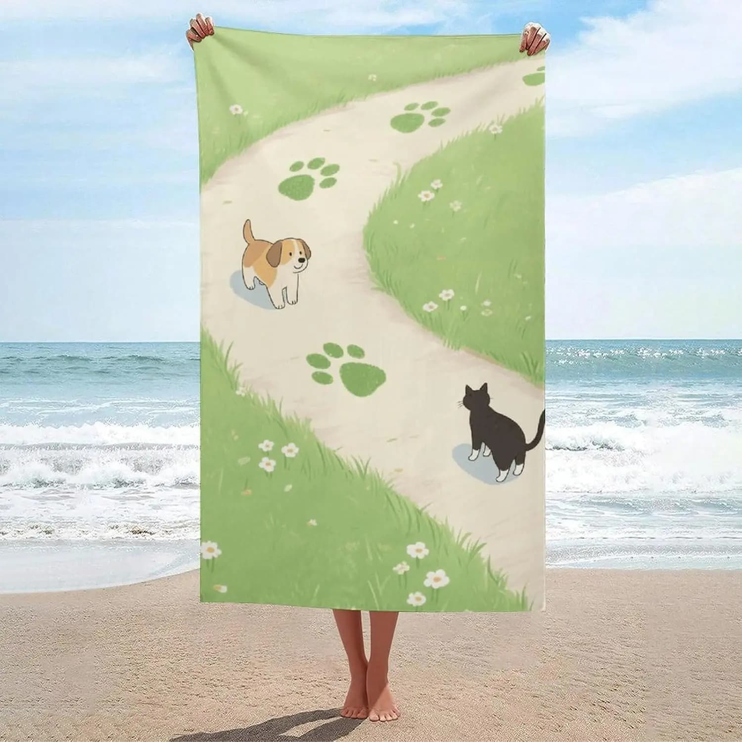 Telo Mare con Stampa di Impronte di Cani e Gatti, Tappetino da Piscina Leggero e Assorbente ad Asciugatura Rapida, Anti-Sabbia, per Viaggi e Piscina