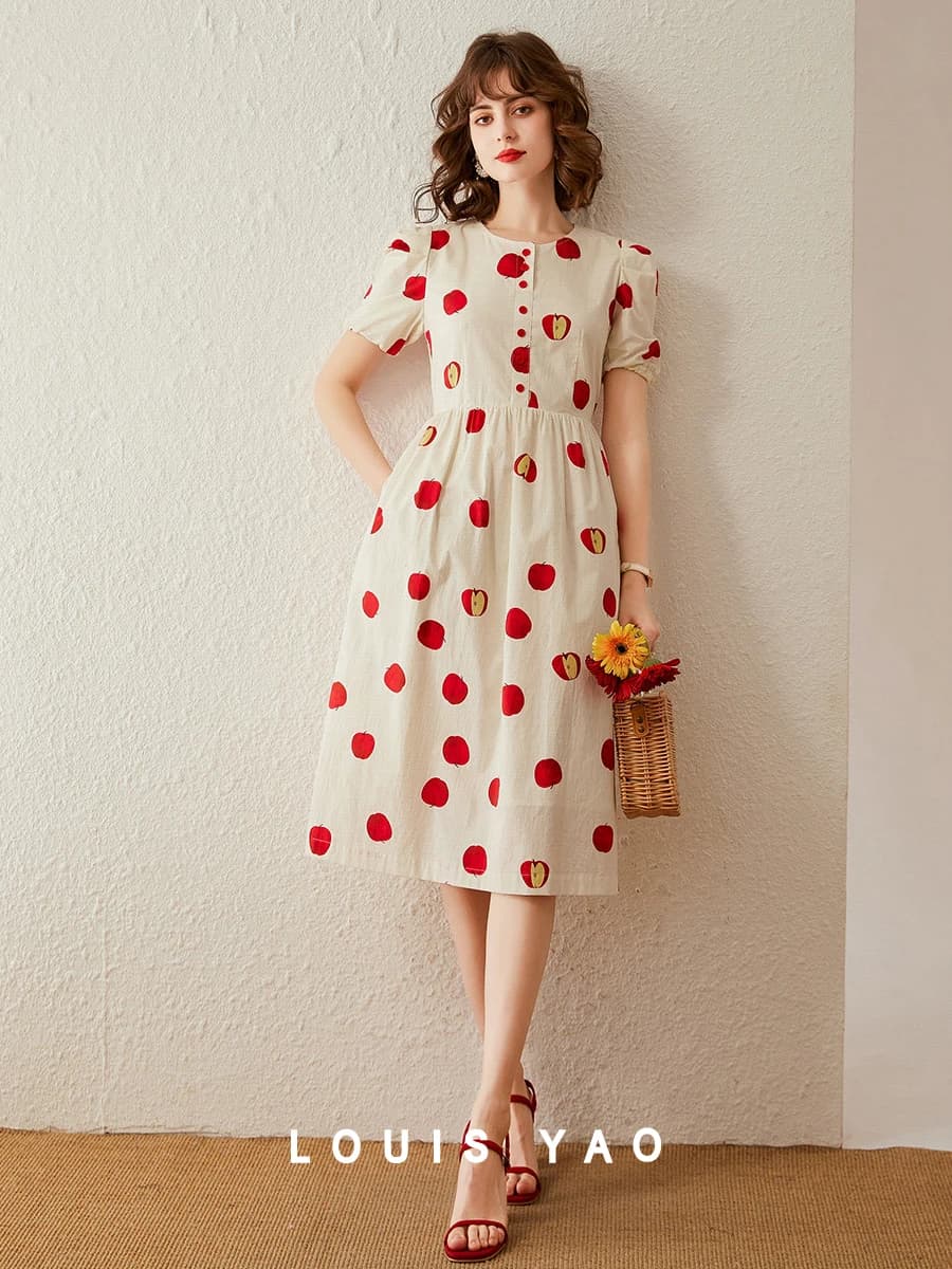 LOUIS YAO Women Dress 2024 Summer New Elegant Print Apple girocollo manica corta vita alta manica a sbuffo abito lungo a trapezio
