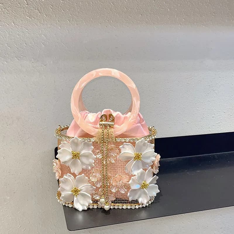Borsa da sera di lusso con strass scintillanti Borsa da donna con secchiello in cristallo Y2K, borsa a gabbia per uccelli con girasole cava