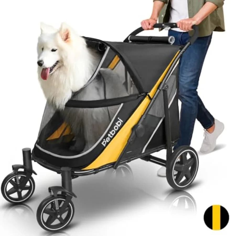 Passeggino per Cani di Taglia Grande e Media - Carrozzina Pieghevole con Doppio Ingresso e Freno a Pedale, Carrello per Tutti i Terreni con Ruote Gonfiabili