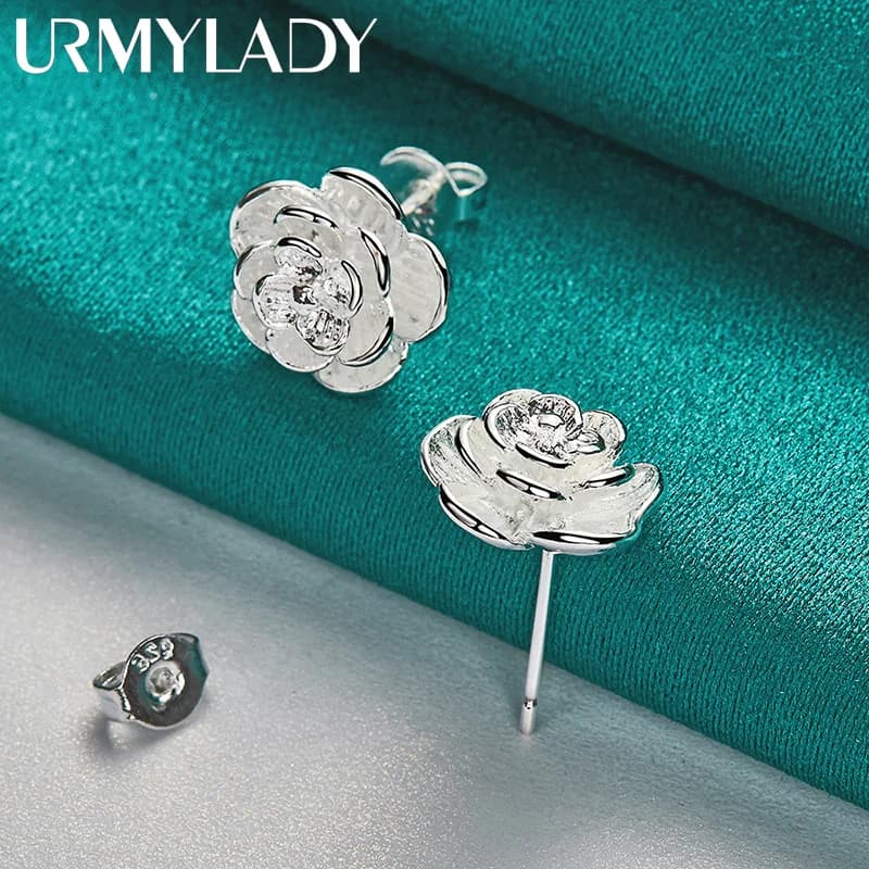 URMYLADY Orecchini a bottone con fiore rosa in argento sterling 925 per le donne Gioielli di moda per fidanzamento di nozze con fascino