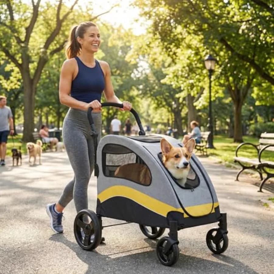 Extra Large Dog Stroller, Steel Pipe Dog Cart Dog Push Cart with Wheels, Brakes and Shock Absorption, Foldable Dog Stroller wit