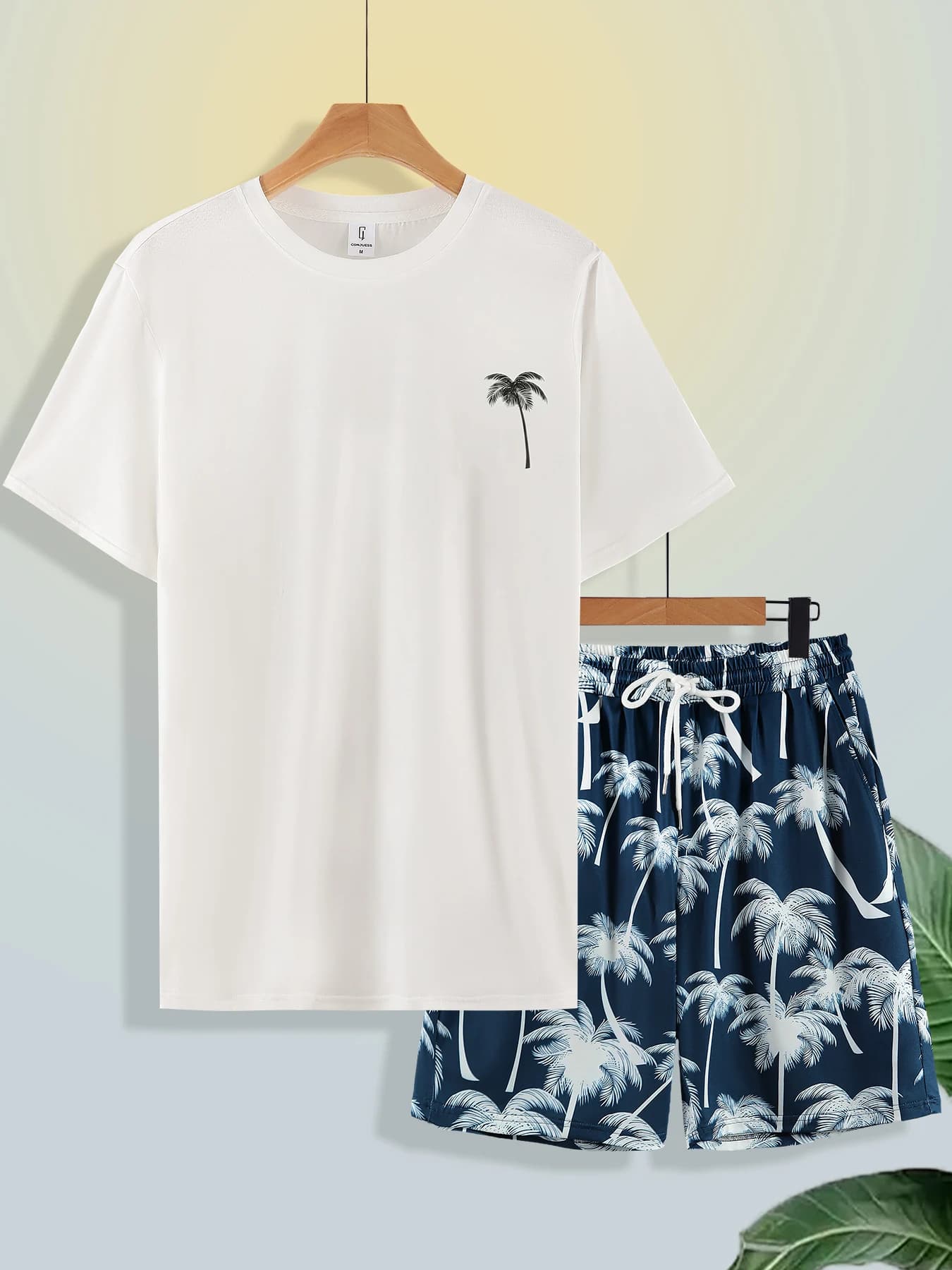 Men's Casual Set for Relaxing, Shorts with Palm Print and White T-Shirt, Equipped with Night in 2 Pieces