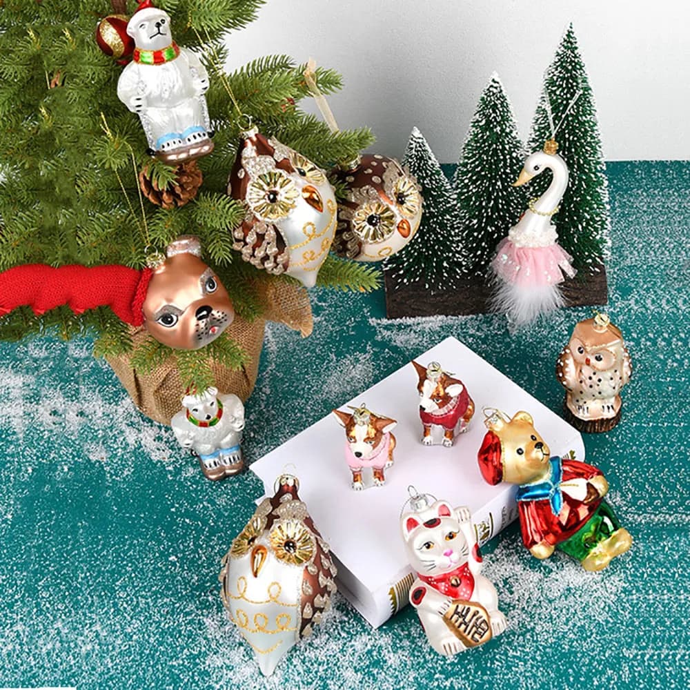 Glass Painting Christmas Tree Cute Puppy Pendant Ornament Owl Swan Cat Little Bear Small Animal Christmas Decoration Kids Gifts