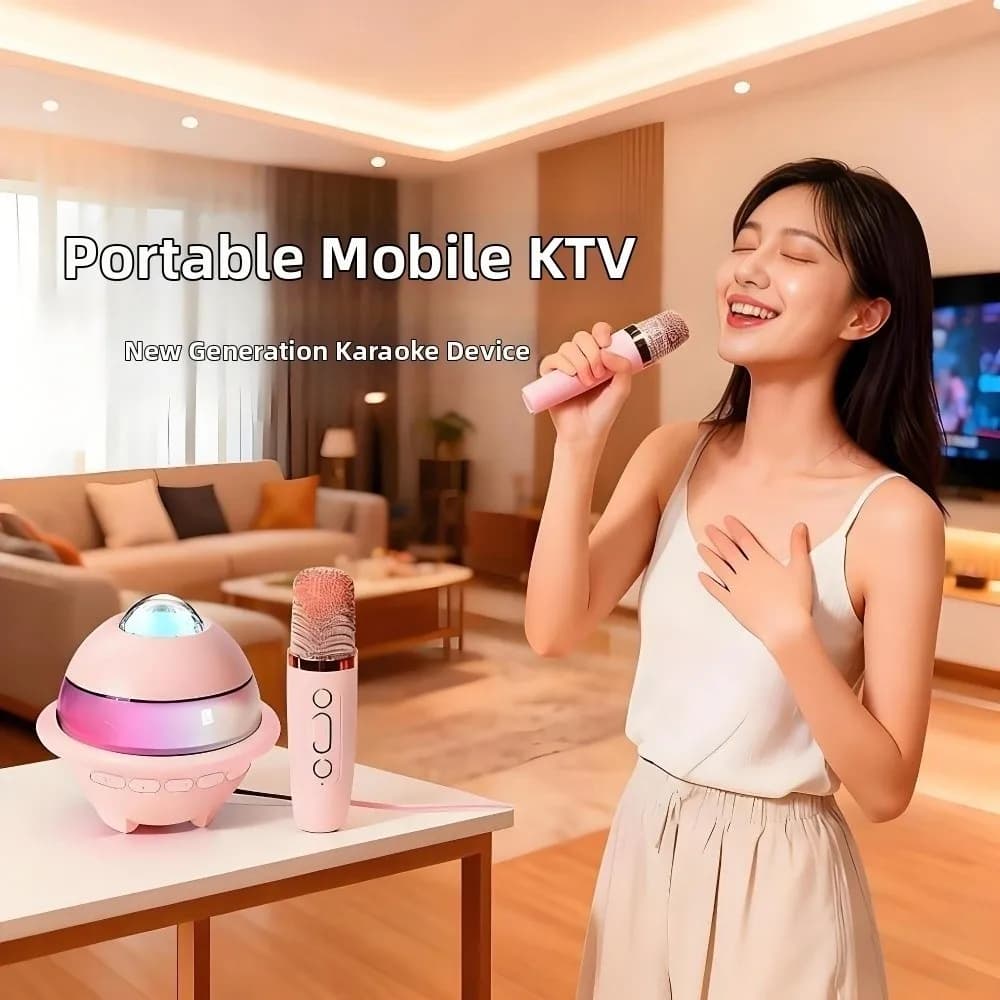 Karaoke Machine Mini Bluetooth Speaker with Projector Night Light Subwoofer Wireless Dual Microphones Stereo Surround K Song