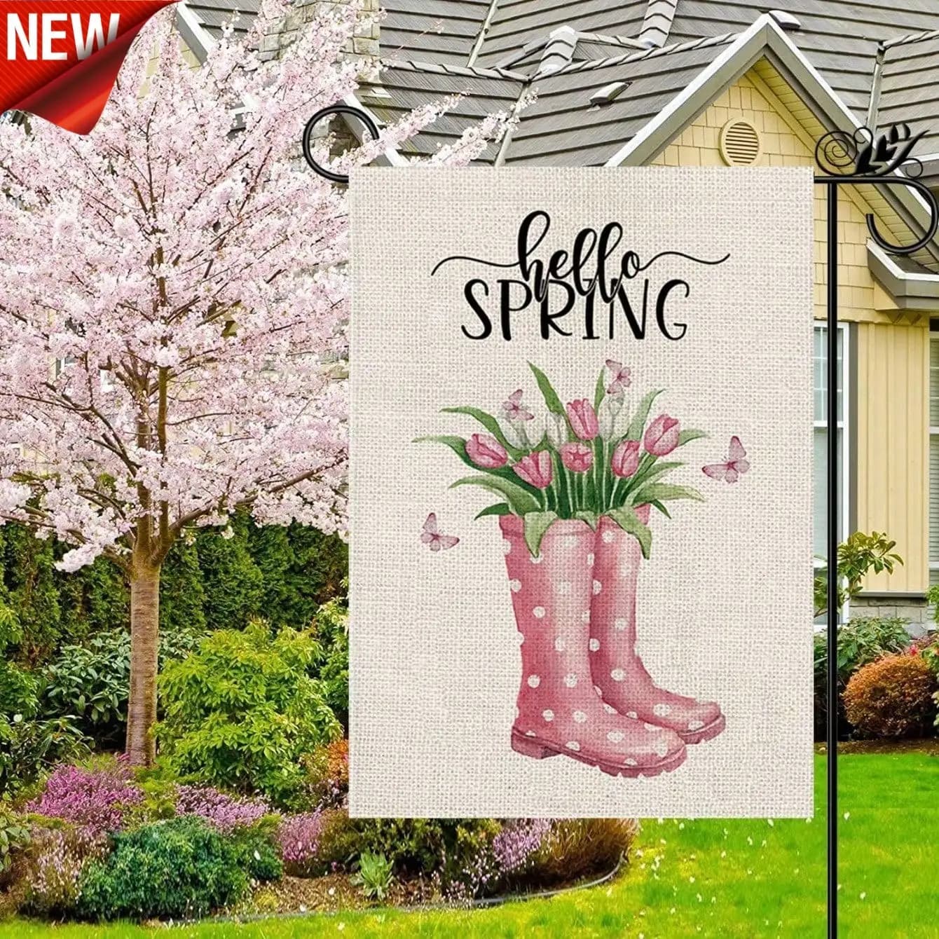 Bandiera da Giardino Primaverile con Design Floreale Verticale di Tulipani e Stivali da Pioggia, Stile Rustico, per Esterni, Cortile, Portico, Patio, Ingresso
