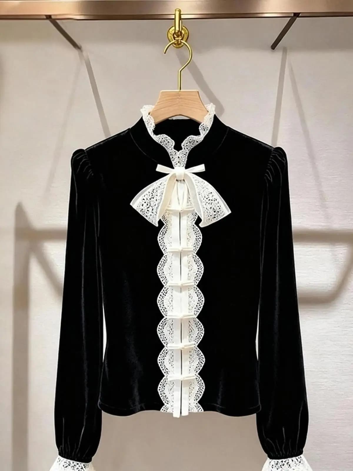Women's Black Shirt, Elegant Blouse Slim Fit, French Velvet shirt with bow
