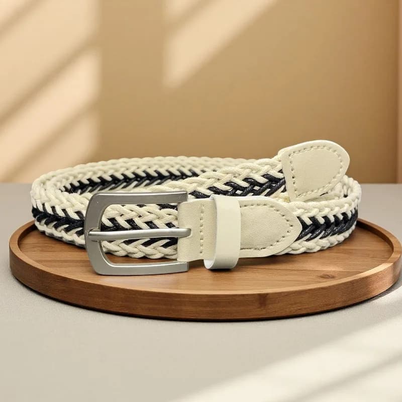 New Fashionable Square-Buckle No-Hole Retro Casual Wide Belt with Fashionable Cover and Braided Waxed Cord Women's Belts