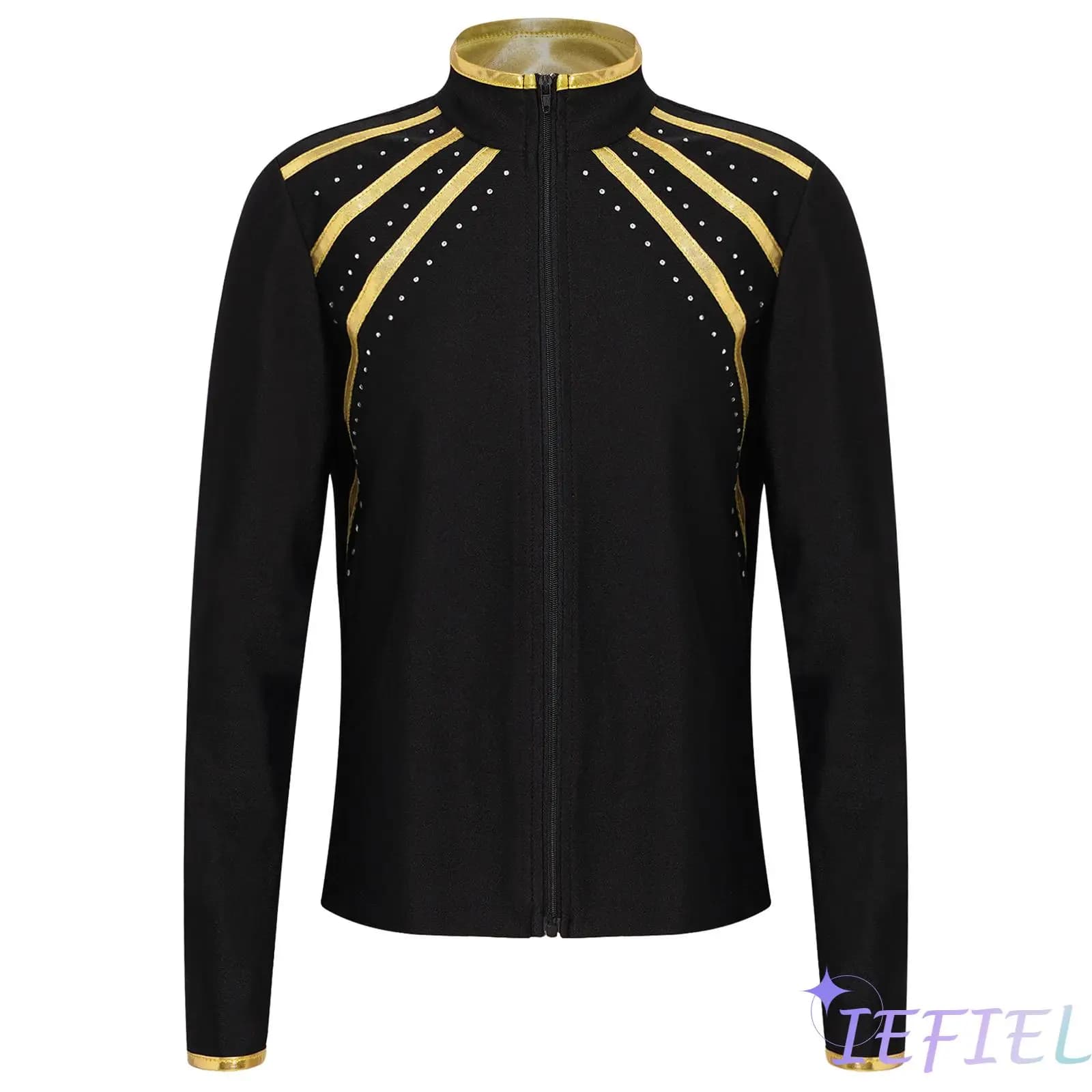 Costume da allenamento per ginnastica da pattinaggio di figura per bambina, giacca a righe metallizzate lucide, colletto alla coreana, felpa con cerniera a maniche lunghe