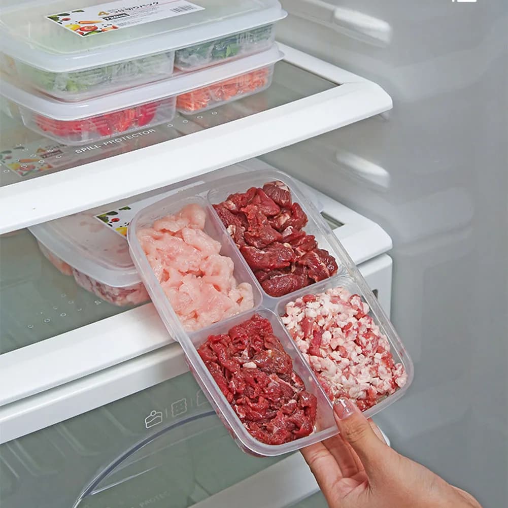 Contenitori per alimenti a 4 griglie Contenitori portatili per cipolla e zenzero Scatola rettangolare per la conservazione della freschezza Trasparente per prodotti da cucina per l'home office