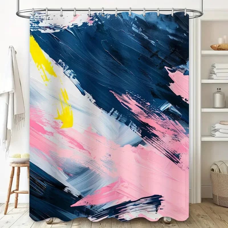 Tenda da doccia con design artistico ad acquerello per l'arredamento del bagno Blu navy Rosa Bianco Giallo Copri tappetino da bagno in tessuto impermeabile Taglia 7