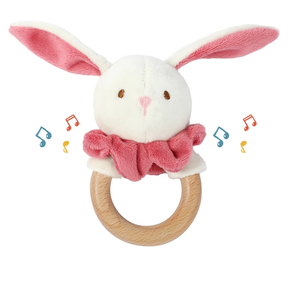 Cotton Pink Ear Bunny Baby Rattle Toys Built in Bell 0 12 Months Soft Rattle Wooden Ring Parent Kid Interactive Sensory Baby Toy