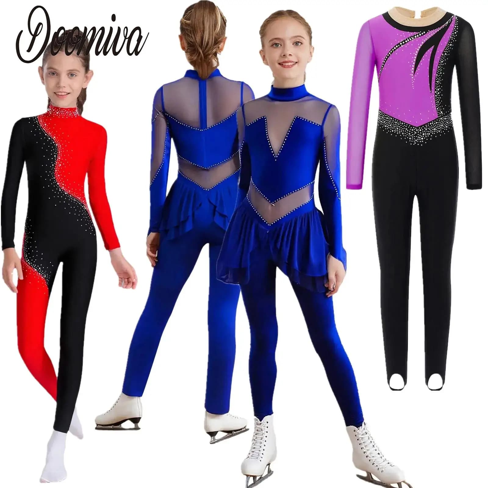 Bambini Ragazze Strass Lucidi Balletto Danza Unitards Tuta Pattinaggio di Figura Ginnastica Body Danza Acrobazia Tuta Costume