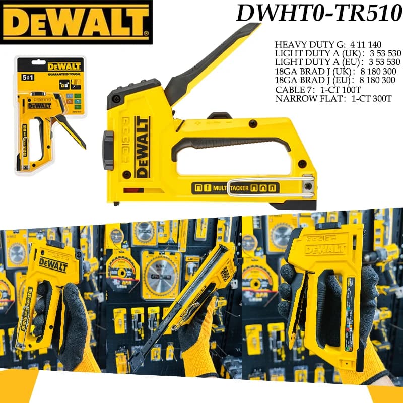 DeWALT DWHT0-TR510 5-in-1 Manual Staple Gun Heavy Duty Anti-Jam Tacker Nailer for Wood Upholstery Home DIY Repair