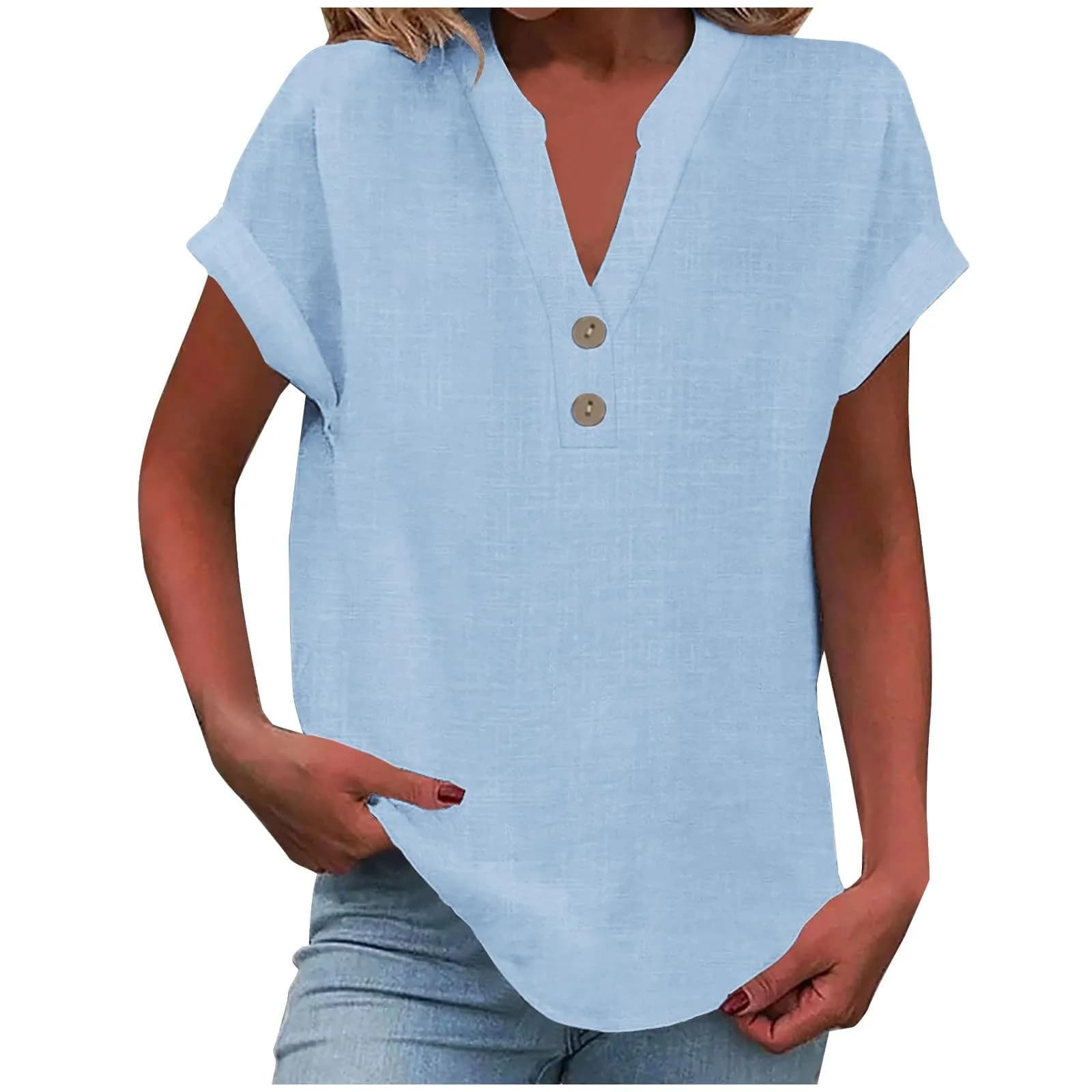 Camicia estiva in cotone e lino traspirante tinta unita abbottonata con scollo a v Basic e Versatile Casual confortevole Lady Office Tops