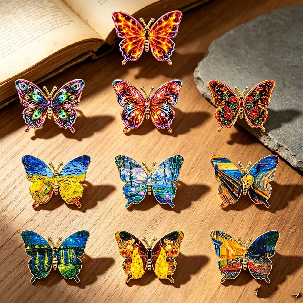 4/6/10pcs Famous Artwork Butterfly Enamel Brooch Collection, Vintage Oil Painting Butterfly Lapel Pins, Aesthetic Jewelry Gift