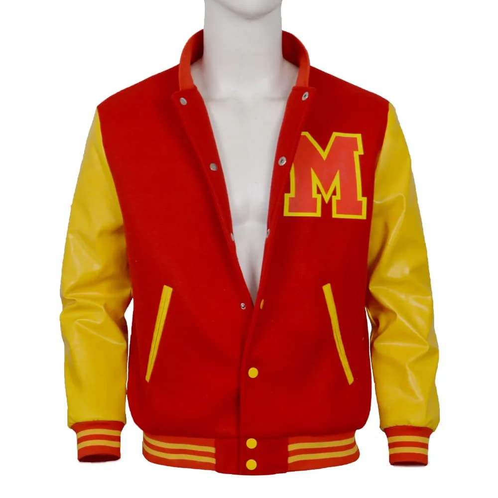 Men's Red and Yellow Varsity Jacket with "M" Letter Patch, Faux Leather Cuffs, Snap Button Baseball Jacket Cosplay