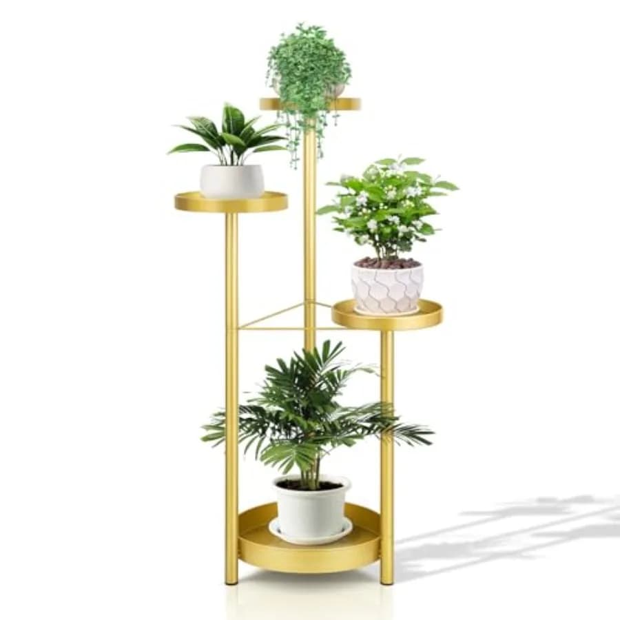 Supporto per Piante in Metallo da Interno ed Esterno a 4 Livelli con 4 Portavasi, Scaffale Angolare Alto per Piante, Scaffalatura Pieghevole Multipla per Fioriere