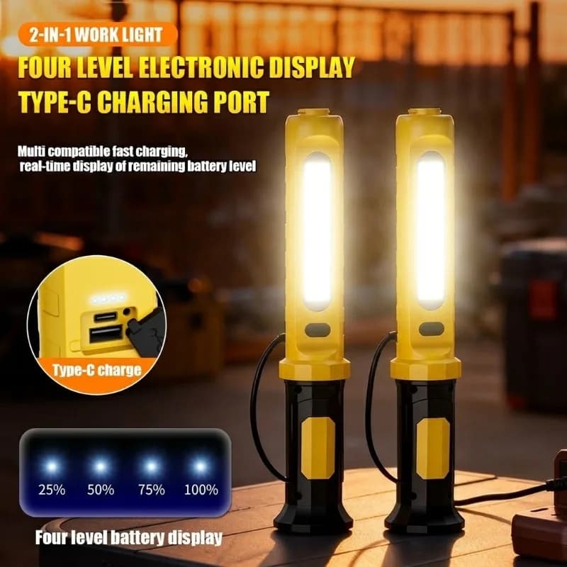 Nuova Lampada da Lavoro Ricaricabile 2-in-1 con Base Magnetica e Gancio, Batteria 4000mAh, Power Bank, Lampada Portatile per Riparazioni Auto e Campeggio