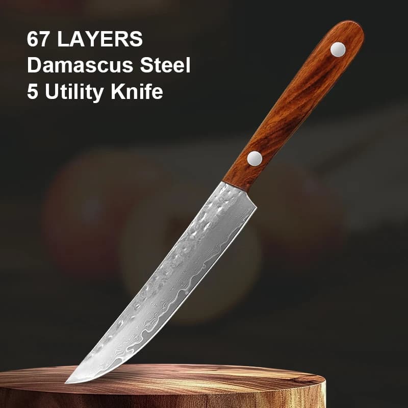 Coltello multiuso da 5 pollici, coltello Damasco con manico in legno, coltello da cucina in acciaio Damasco per affettare carne e verdure, coltelli da chef.