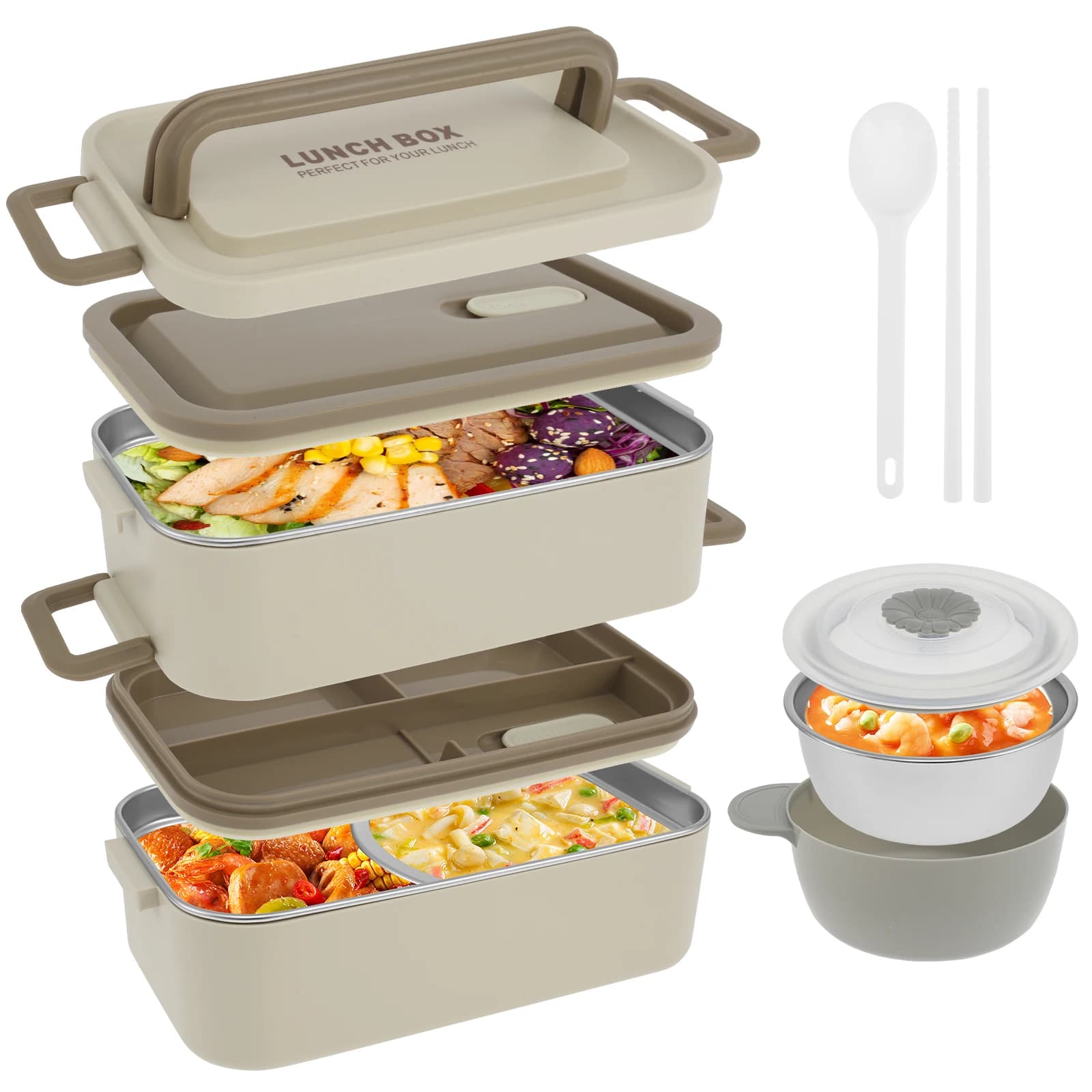 Scatola per alimenti a doppio strato Scatola per pasti impilabile da 2 litri Contenitore per alimenti in acciaio inossidabile con ciotola per zuppa Bacchette Cucchiaio per ufficio scuola