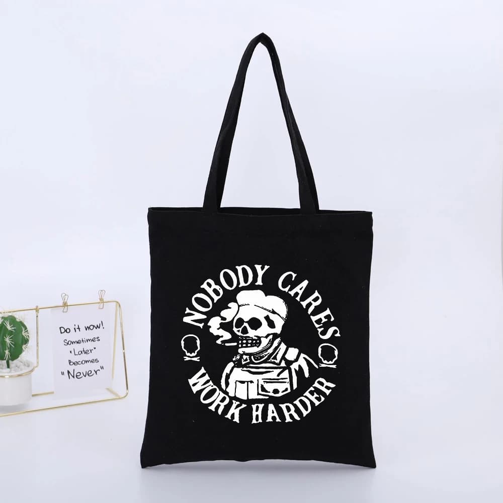 Skull Graphic Canvas Tote Bag with Slogan Print, Urban Streetwear Style for Daily Use