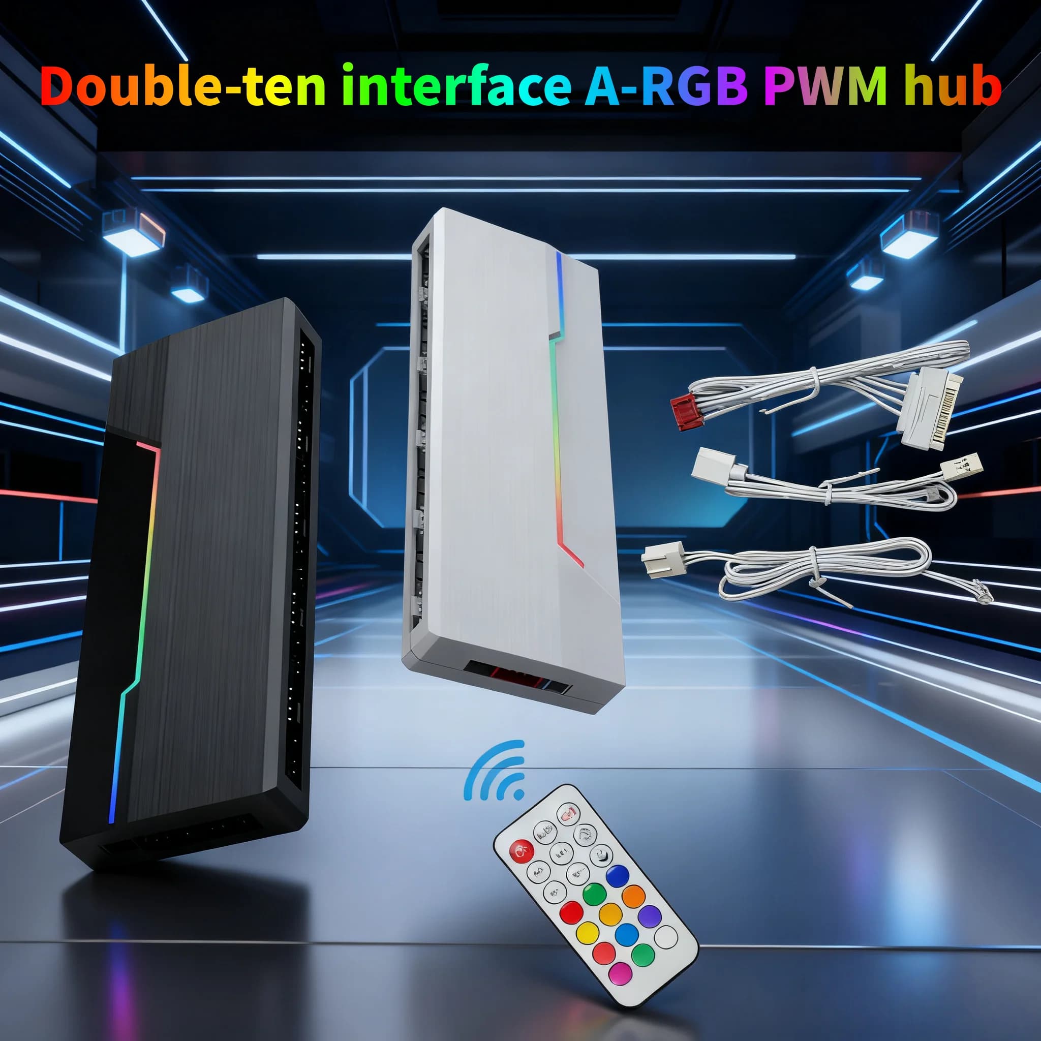 Hub per ventole PWM a 10 porte e ARGB a 10 porte con telecomando – Velocità della ventola regolabile e illuminazione RGB, batteria non inclusa