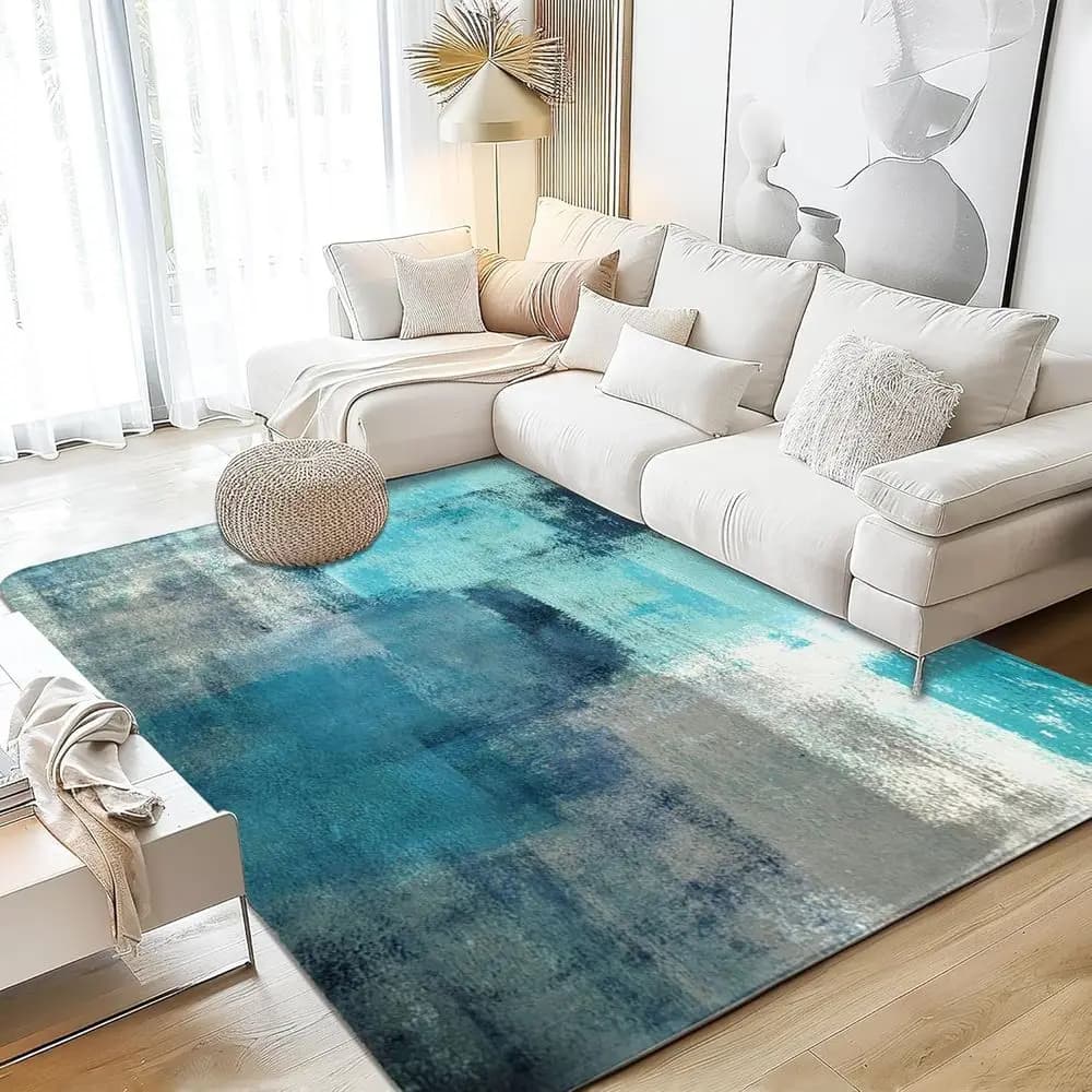 5x7 green water and grey washable carpet - Soft and non-slip living room with abstract art for home and office