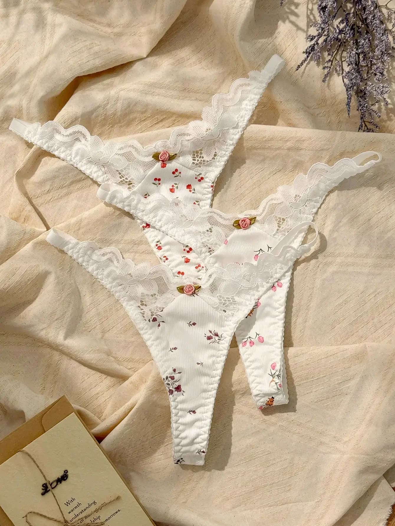 3 confezioni di perizomi sexy con pizzo floreale Ditsy, lingerie sexy da donna, intimo sexy da donna