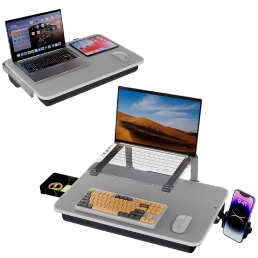 Large lap desk for laptop with phone holder, elevated stand for bed, fits up to 17 laptops MacBook, lightweight cushioned lap d