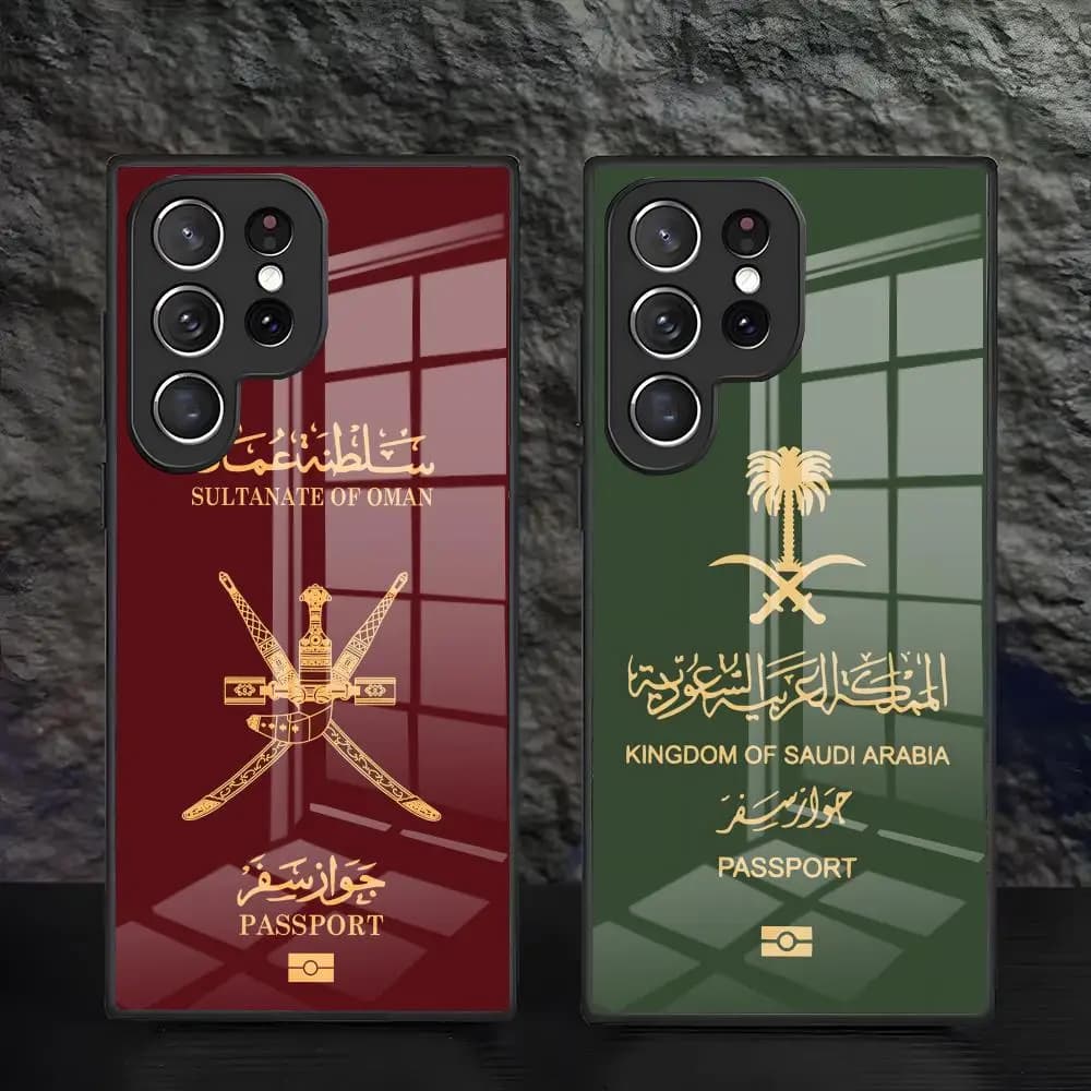 O-Oman P-Passport Phone Case For Samsung S25 S24 FE S23 S22 S21 Plus S20 Ultra Note20Ultra Black Glass Cover