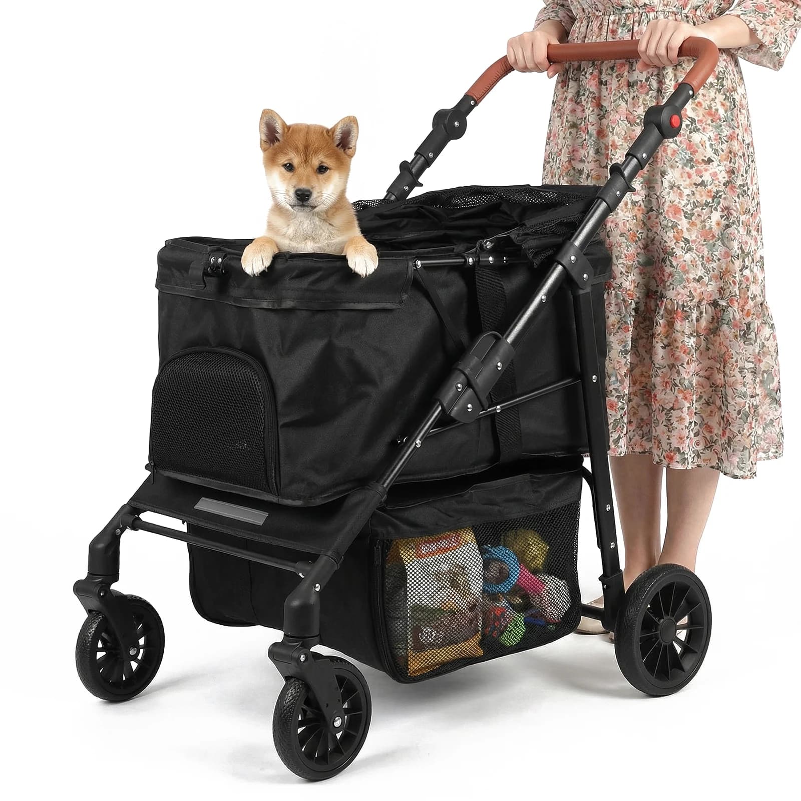 Passeggino per Animali Domestici con Ruote All-Terrain 360 ° Carrello Pieghevole per Cani e Gatti con Ruote, Cuscino Rimovibile e Strisce Riflettenti per Animali Domestici di Piccola e Media Taglia