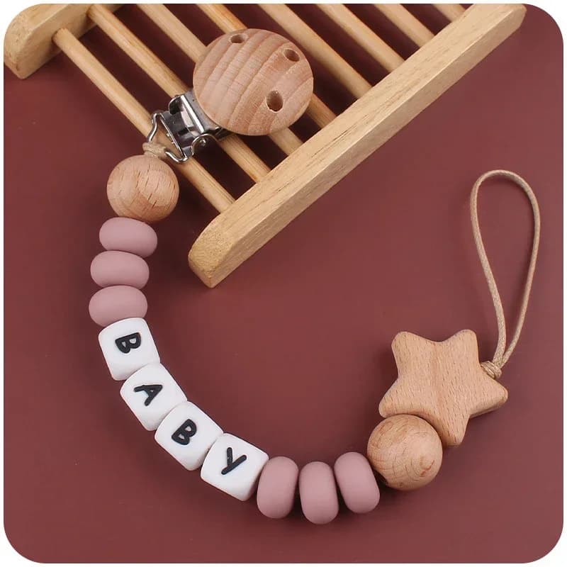 Nome personalizzato personalizzato Ciucci per bambini Clip Catene a stella in legno Perline in silicone Porta ciuccio Clip per ciuccio Giocattoli per la dentizione