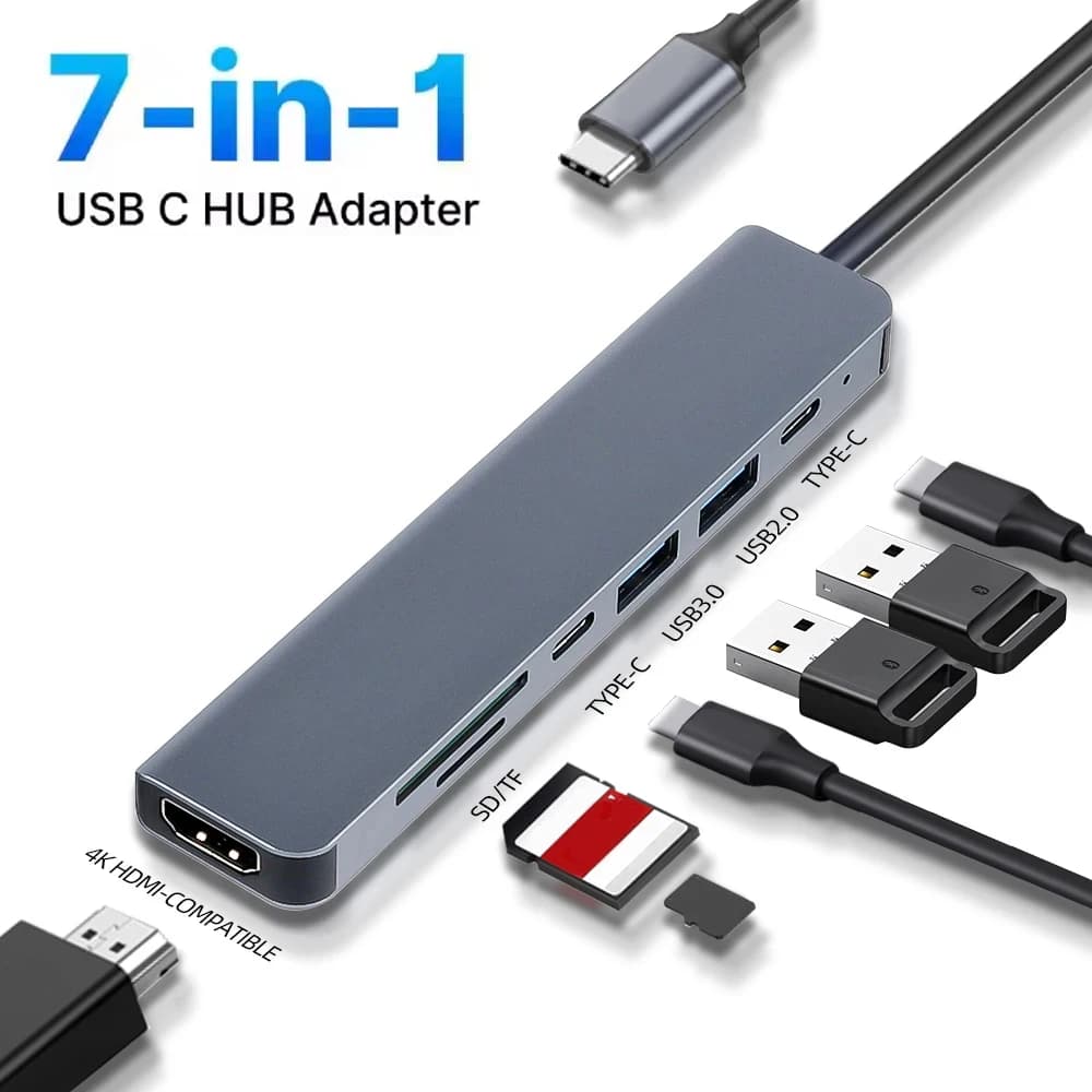 USB Hub C 7 in 1 to 4K HDMI OTG compatible HDMI Type C Adapter Thunderbolt 3 Dock with PD TF SD for MacBook Pro/Air iPad XPS Surface