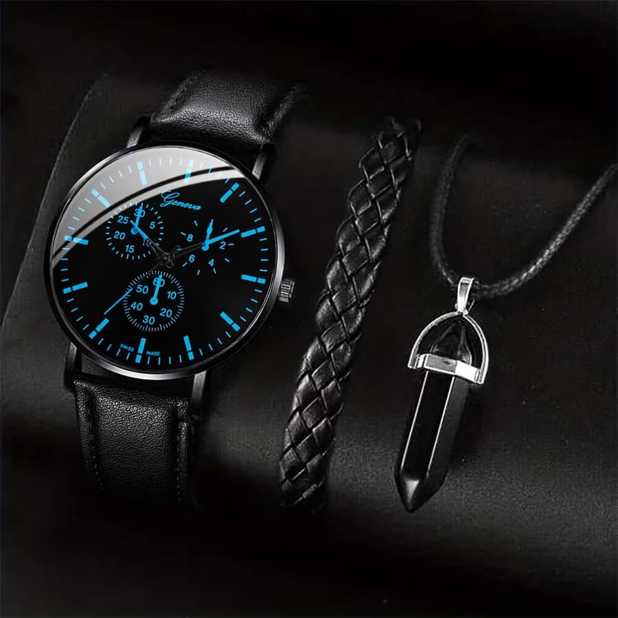 Set di 3 Orologi da Uomo, Casual con Cinturino in Pelle, Orologio al Quarzo Analogico Maschile con Collana e Bracciale