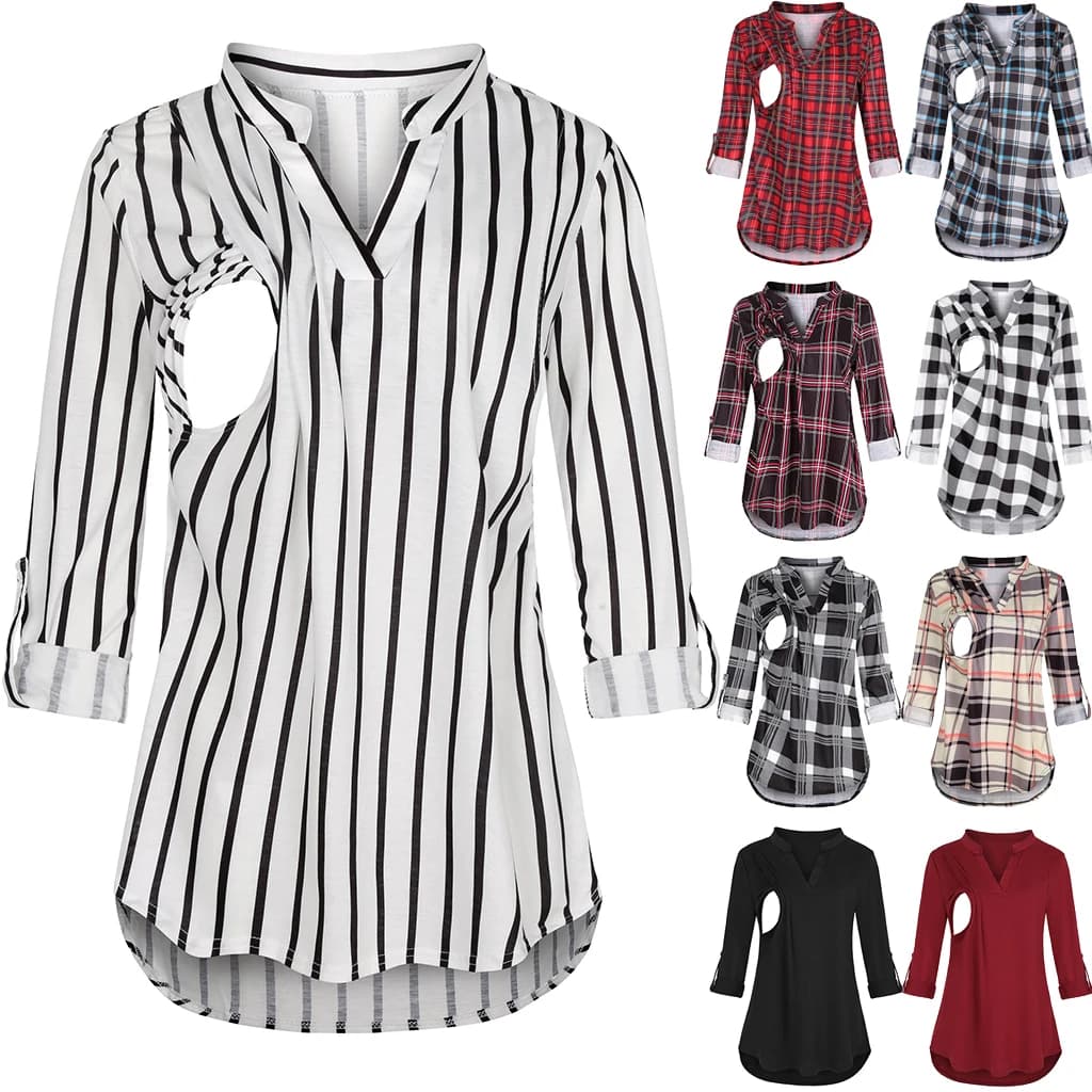 T-shirt premaman per allattamento al seno da donna con scollo a V tinta unita manica lunga top per allattamento vestiti per donne incinte