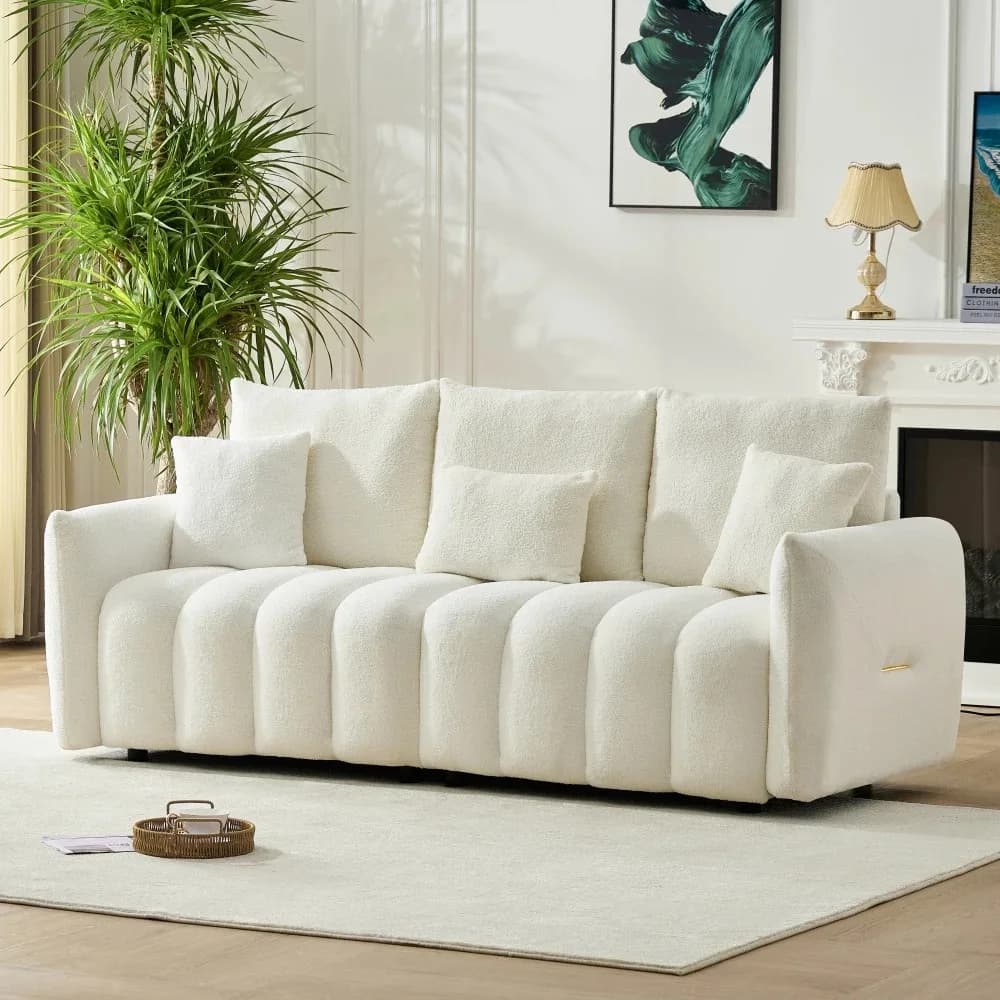 Premium Sofa in Teddy 78 Pollici Fabric with 3 Back cushions and 3 Back cushions, Solid Wood Structure, 3 Seat Sofa with upholstered Armchair