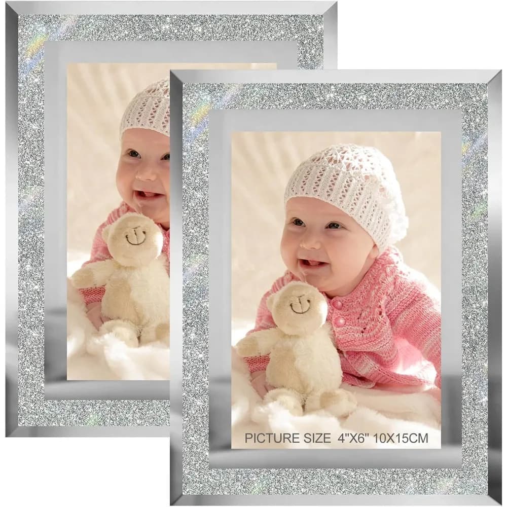 Photo frames 4x6 silver - Set of 2, sparkly real glass 4 x 6 Frame for photo with mirror edge Excellent gift, for table display,