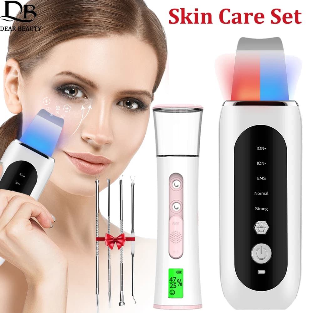 LED EMS Scrubber Ultrasonic Skin Spatula Peeling Machine + Face Tester Nano Fog Sprayer + Pore Cleaner Set with Acne Needles