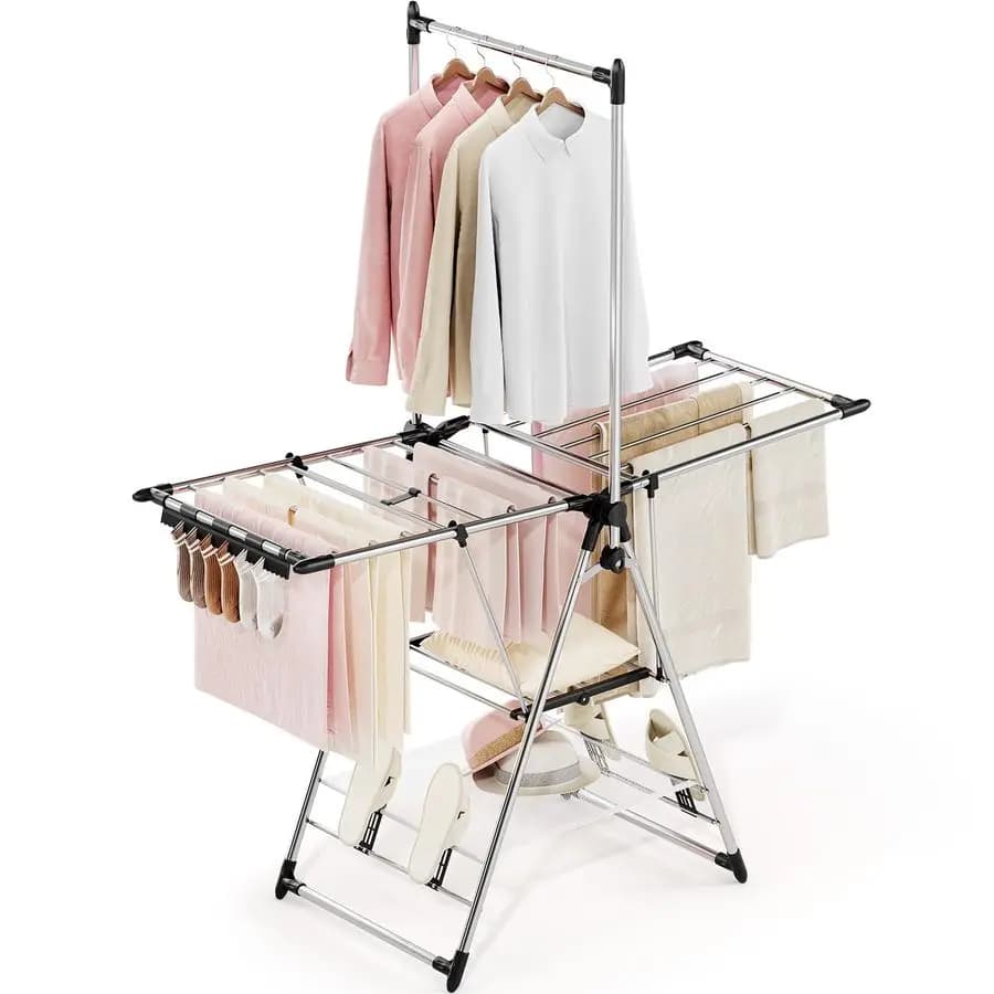 Stendibiancheria con Asta Alta, Stendino Pieghevole a 3 Leveli con Porta Scarpe, Barra Trasversale e Asta Verticale, Support for Laundry